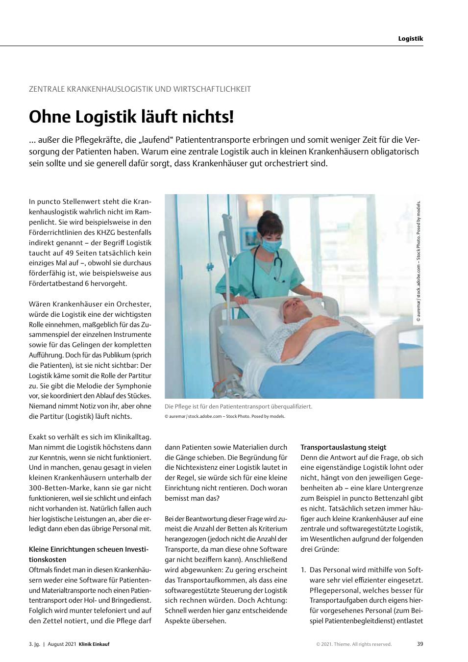 Vorschauseite 1: Zentrale Krankenhauslogistik und Wirtschaftlichkeit: Ohne Logistik läuft nichts!