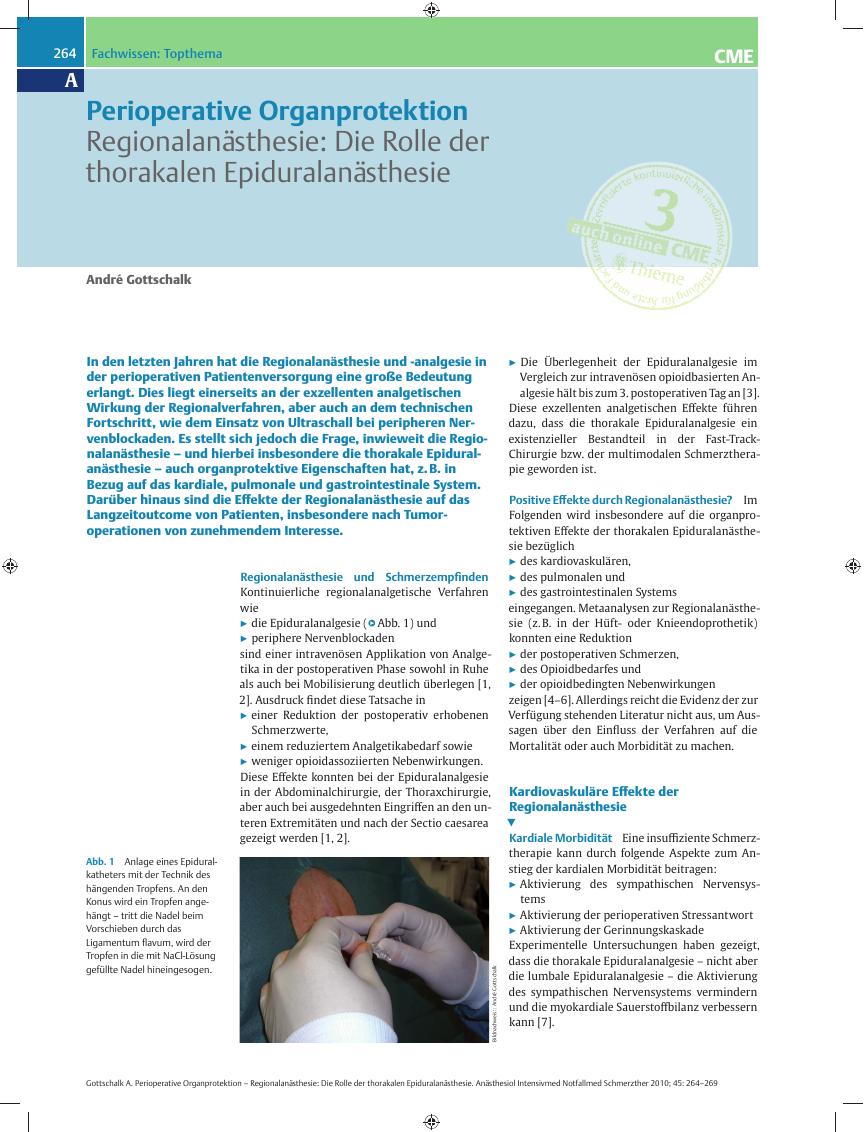 Vorschauseite 1: Perioperative Organprotektion – Regionalanästhesie: Die Rolle der thorakalen Epiduralanästhesie