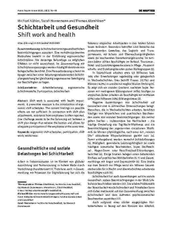 Vorschauseite 1: Schichtarbeit und Gesundheit