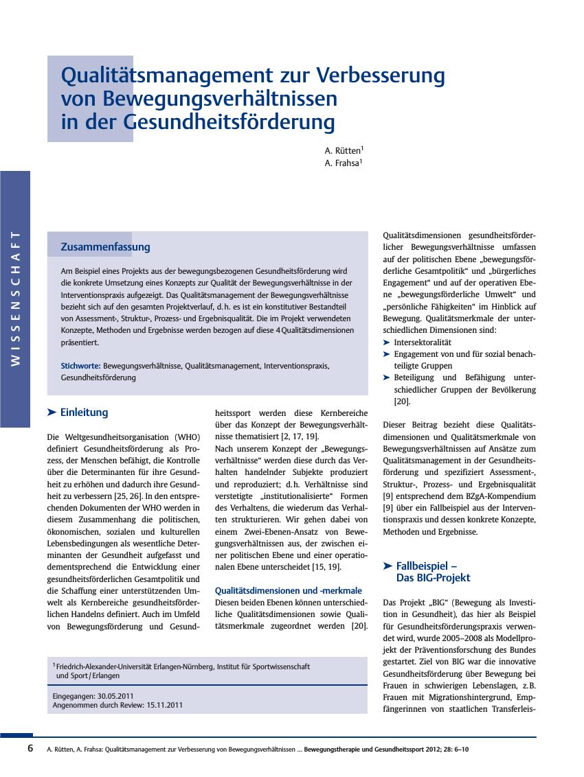 Vorschauseite 1: Qualitätsmanagement zur Verbesserung von Bewegungsverhältnissen in der Gesundheitsförderung