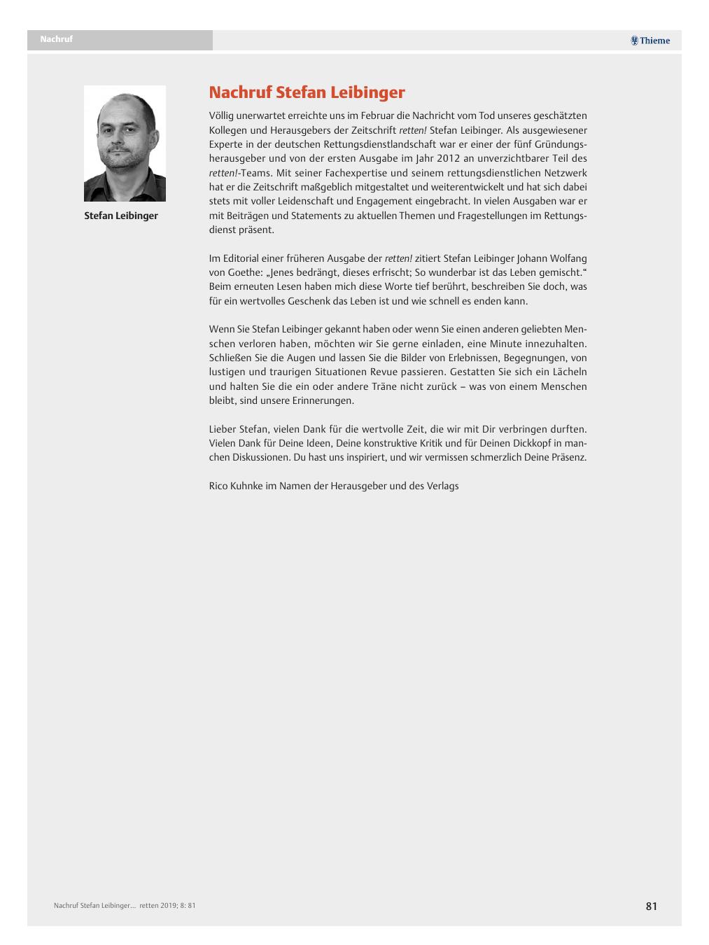 Vorschauseite 1: Nachruf Stefan Leibinger