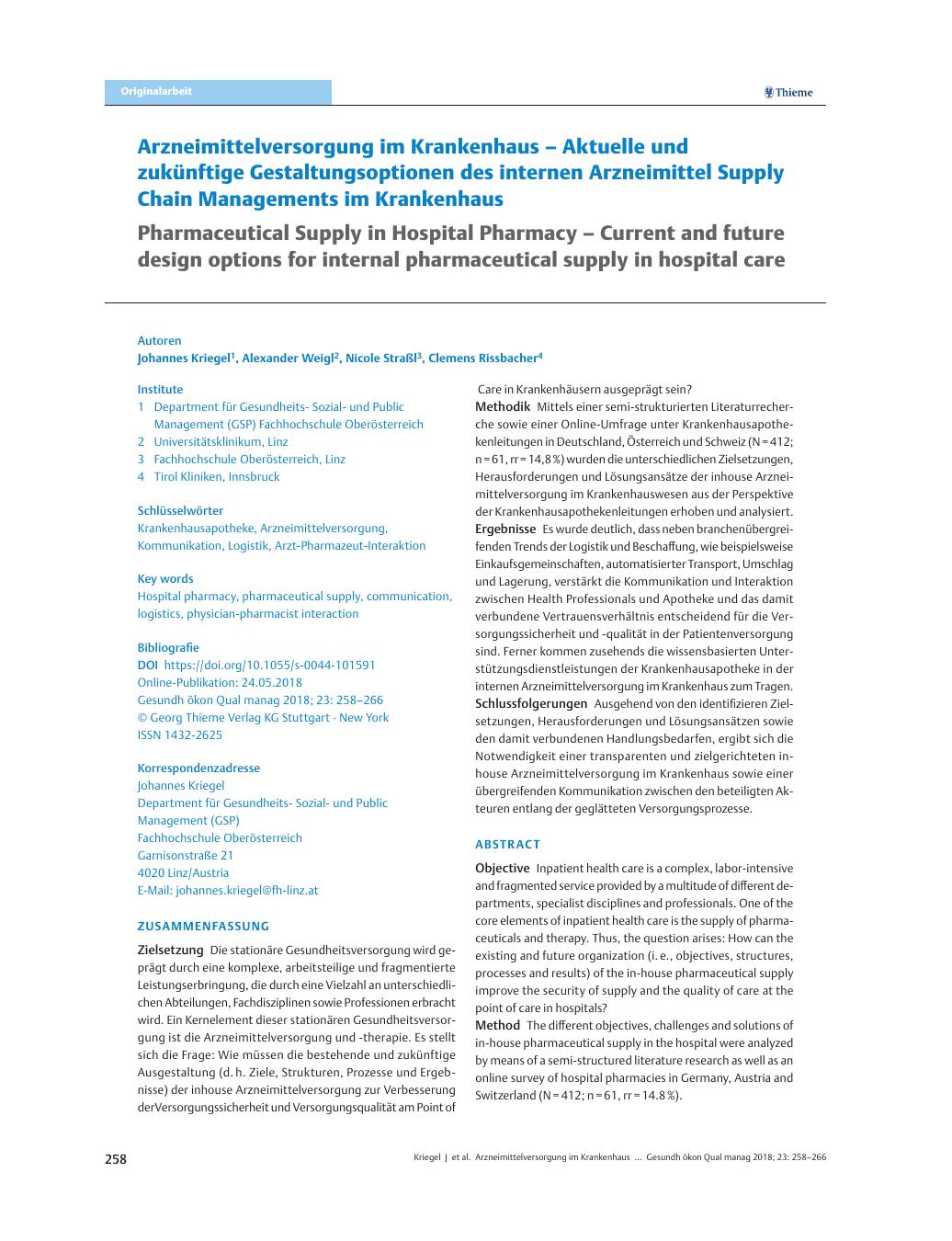 Vorschauseite 1: Arzneimittelversorgung im Krankenhaus – Aktuelle und zukünftige Gestaltungsoptionen des internen Arzneimittel Supply Chain Managements im Krankenhaus