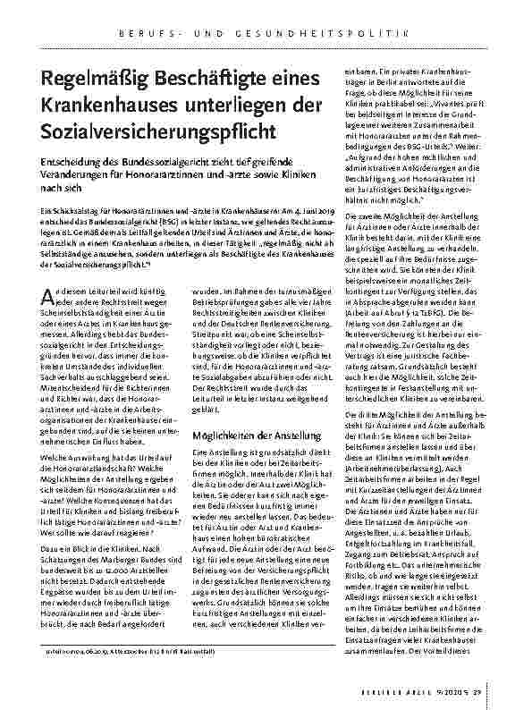 Vorschauseite 1: Regelmäßig Beschäftigte eines Krankenhauses unterliegen der Sozialversicherungspflicht.
