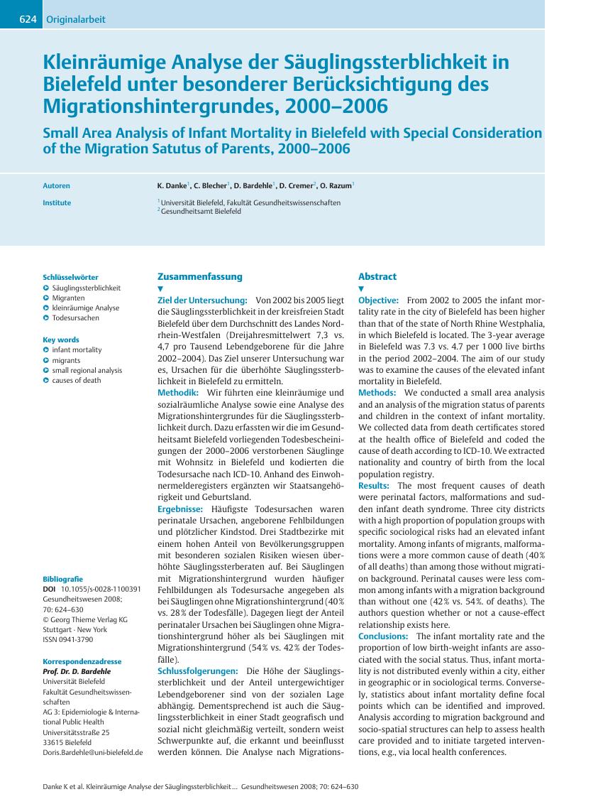 Vorschauseite 1: Kleinräumige Analyse der Säuglingssterblichkeit in Bielefeld unter besonderer Berücksichtigung des Migrationshintergrundes, 2000–2006