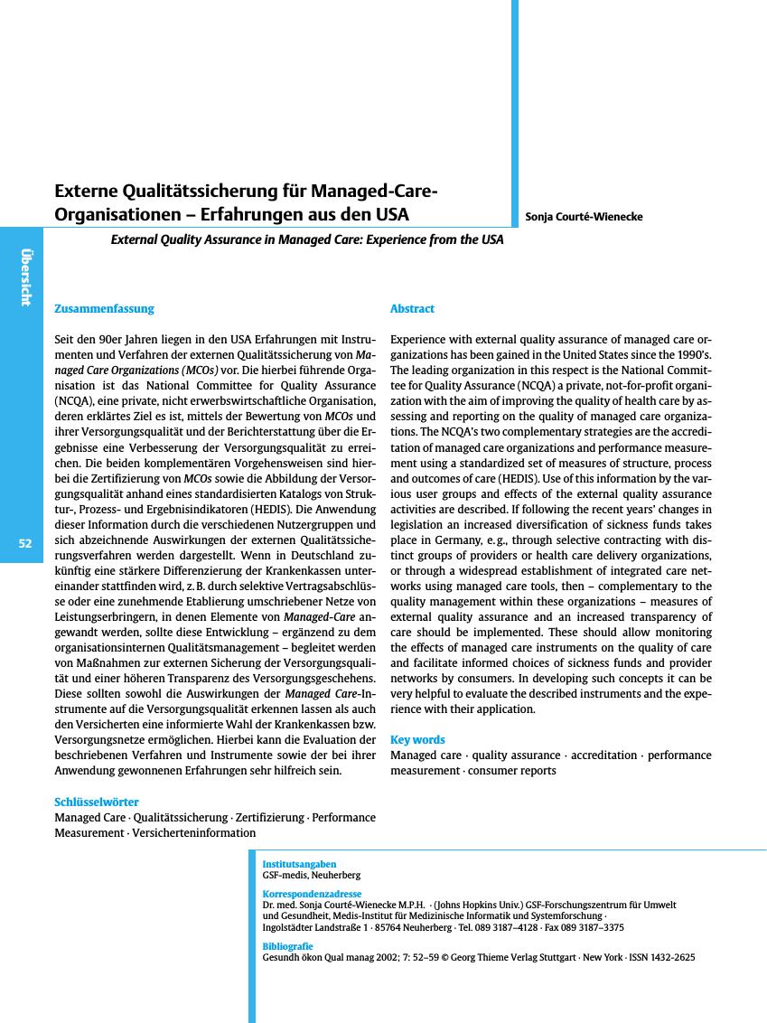 Vorschauseite 1: Externe Qualitätssicherung für Managed-Care-Organisationen - Erfahrungen aus den USA
