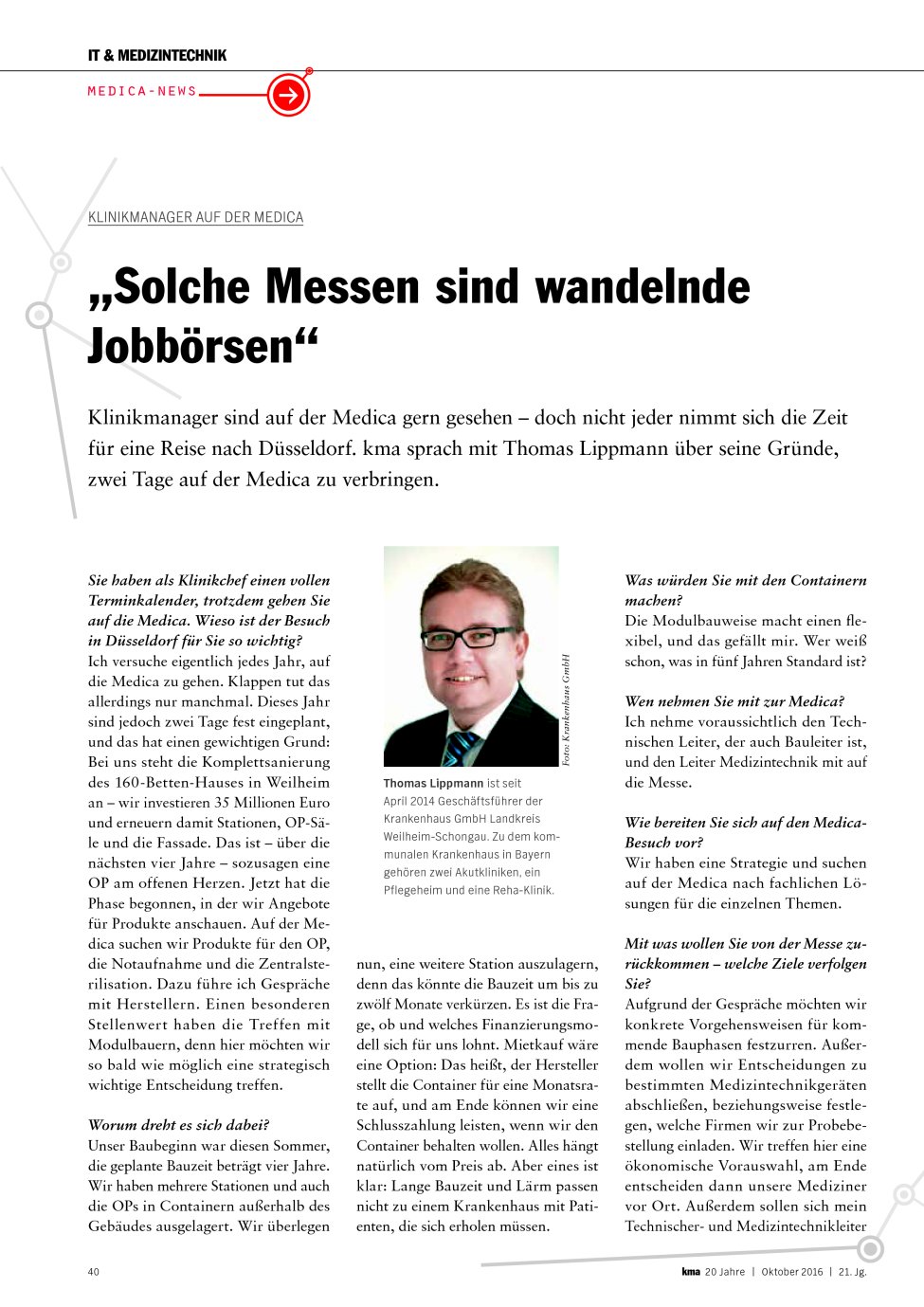 Vorschauseite 1: Klinikmanager auf der Medica: „Solche Messen sind wandelnde Jobbörsen“