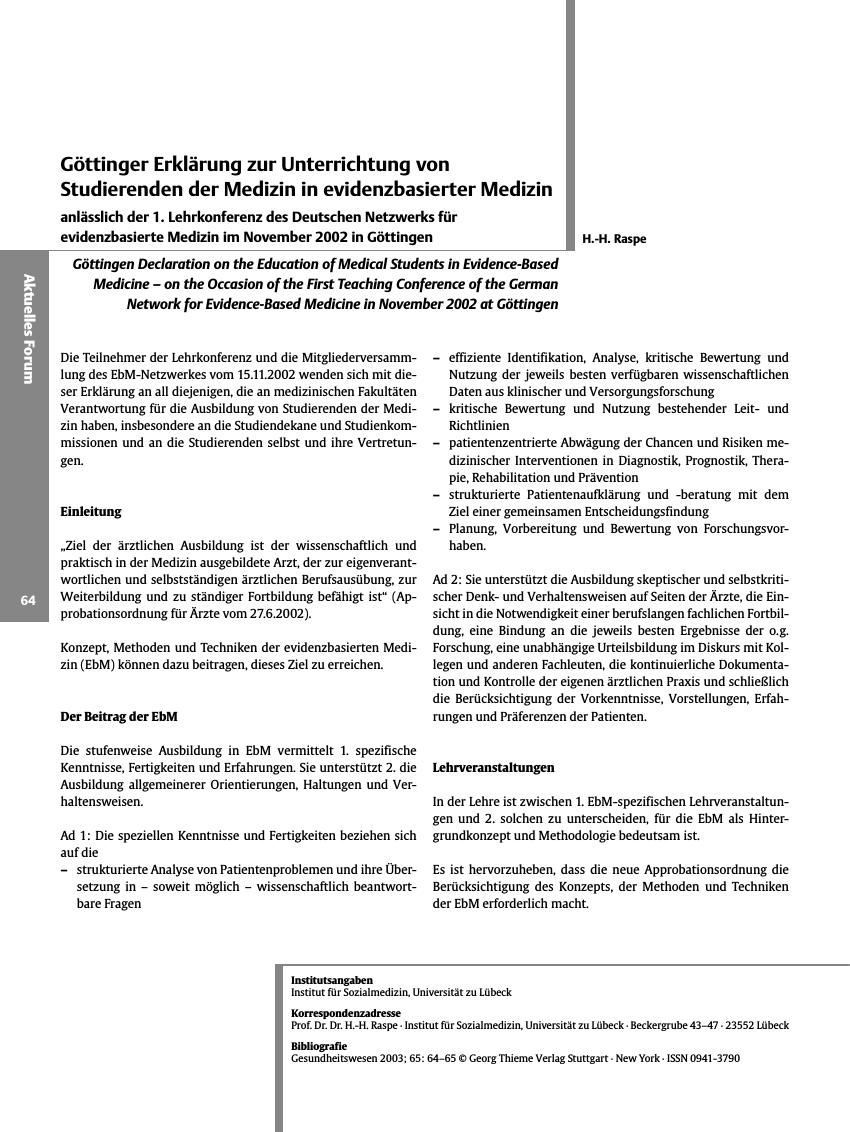 Vorschauseite 1: Göttinger Erklärung zur Unterrichtung von Studierenden der Medizin in evidenzbasierter Medizin