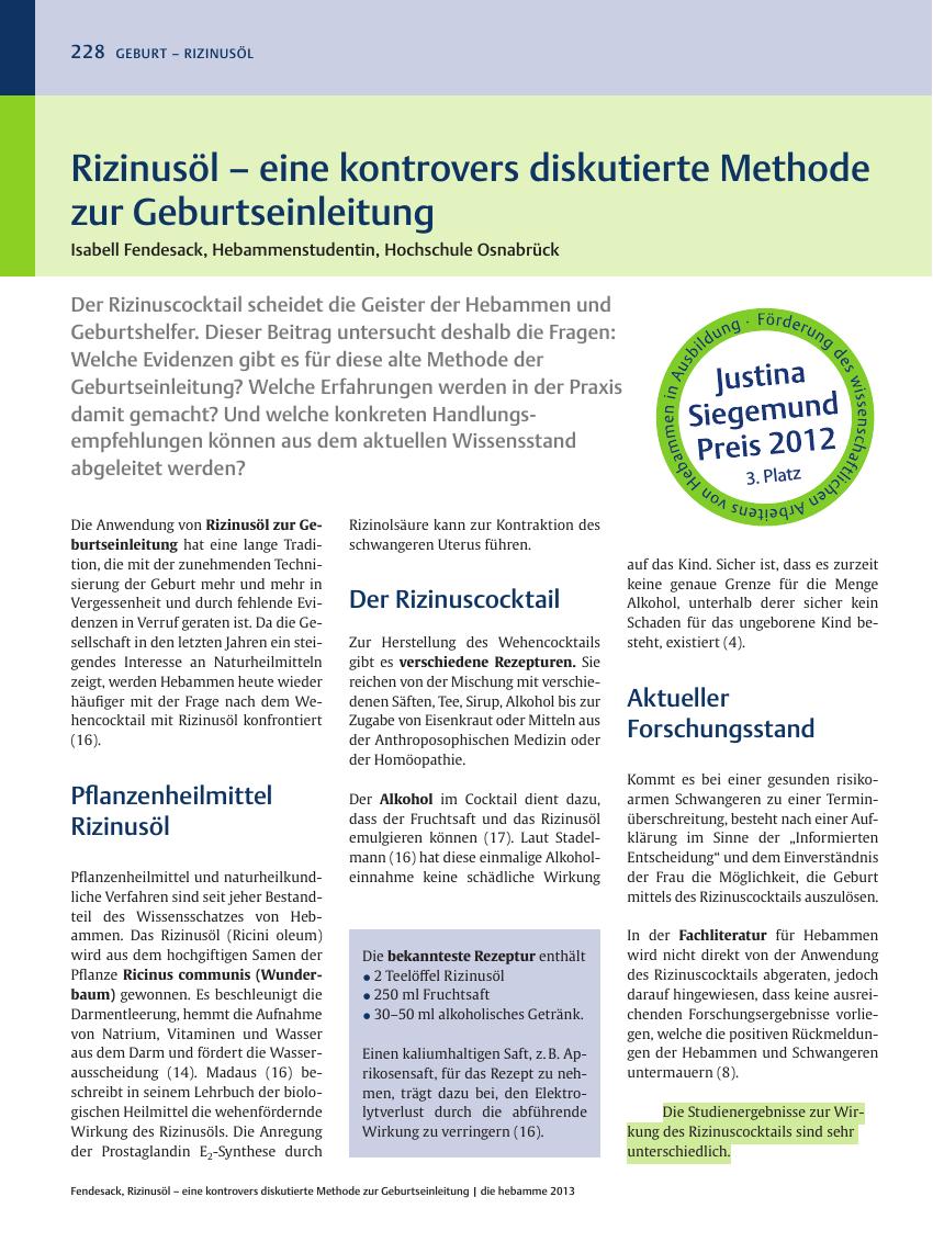 Vorschauseite 1: Rizinusöl ? eine kontrovers diskutierte Methode zur Geburtseinleitung