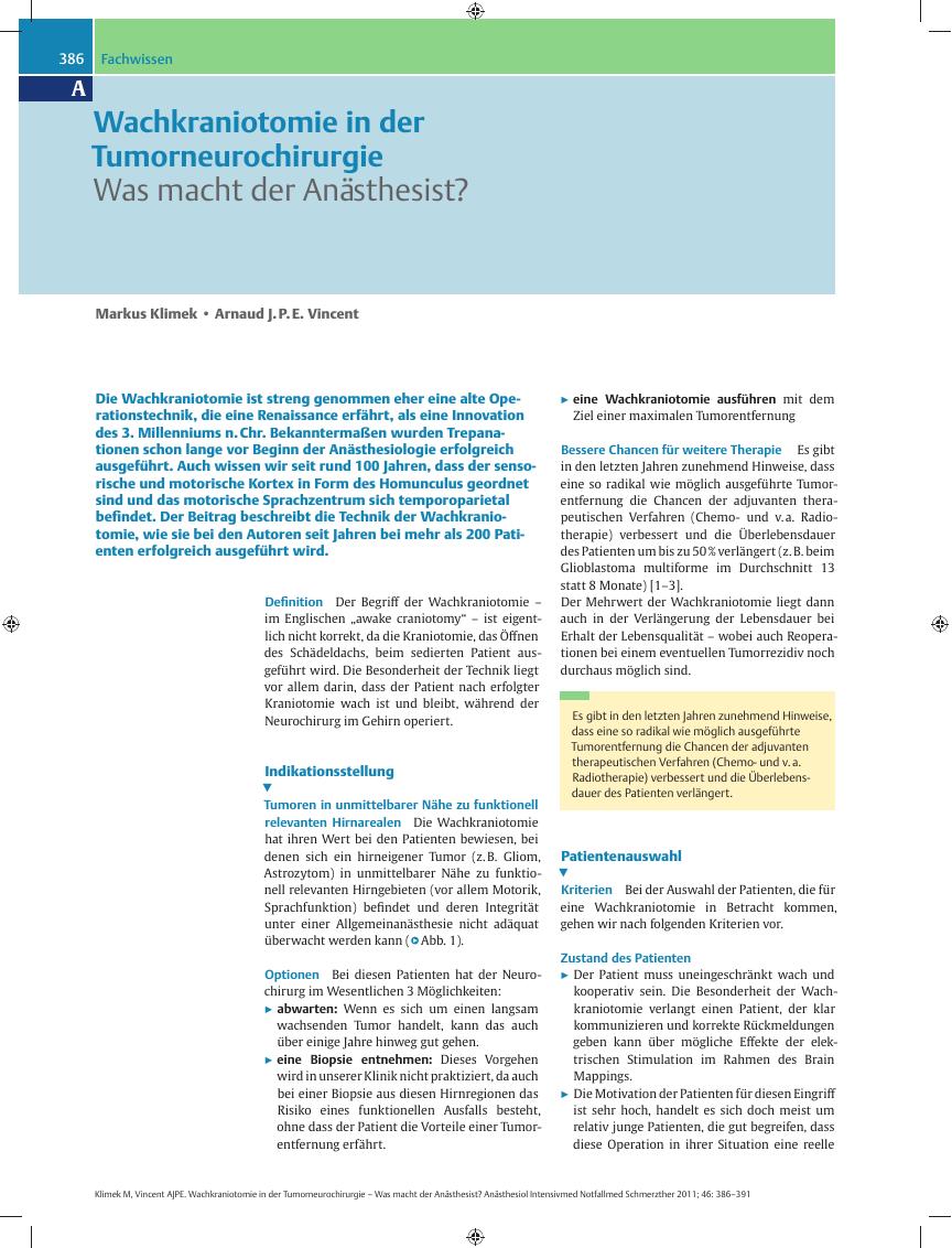 Vorschauseite 1: Wachkraniotomie in der Tumorneurochirurgie – Was macht der Anästhesist?