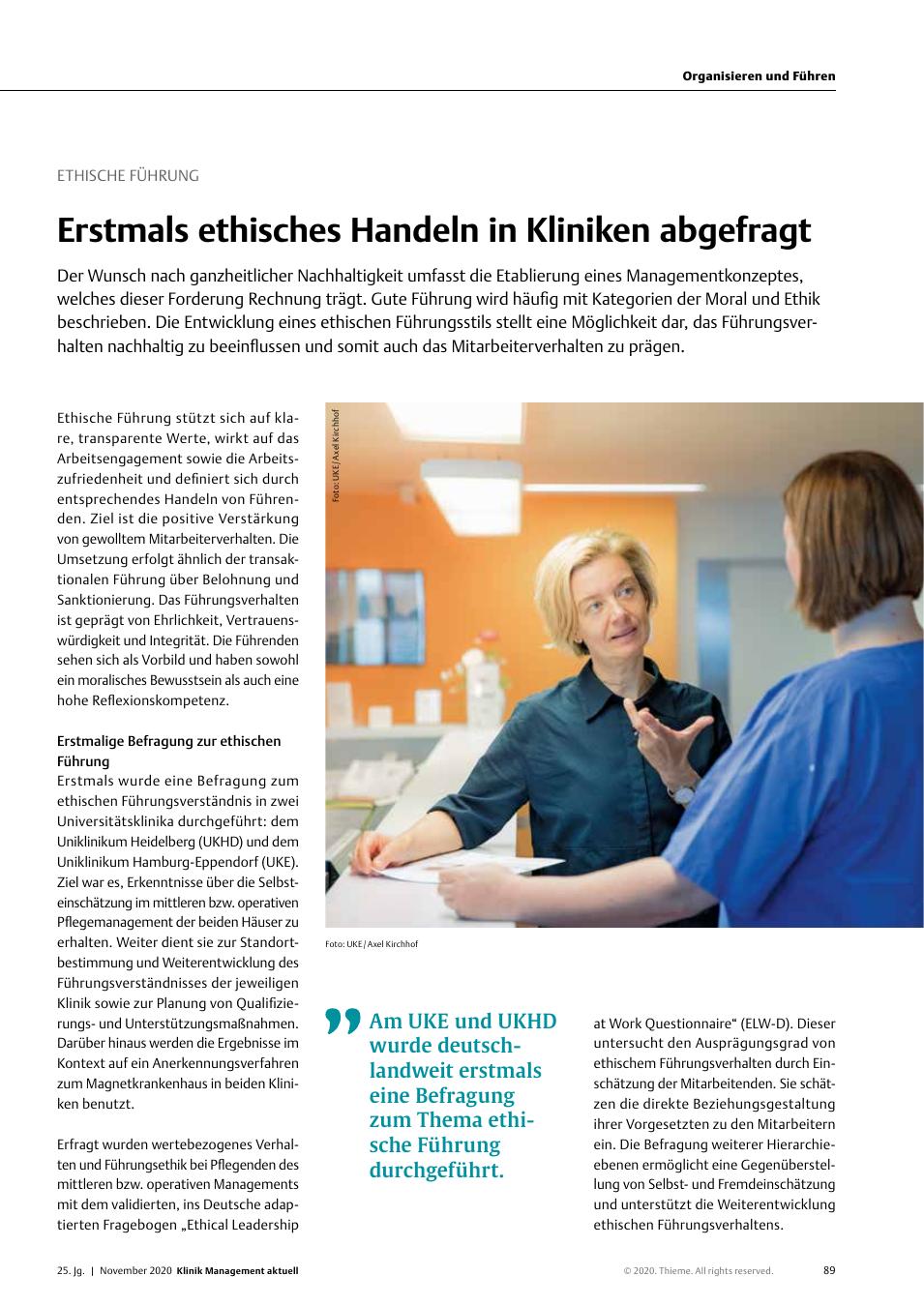 Vorschauseite 1: Ethische Führung: Erstmals ethisches Handeln in Kliniken abgefragt