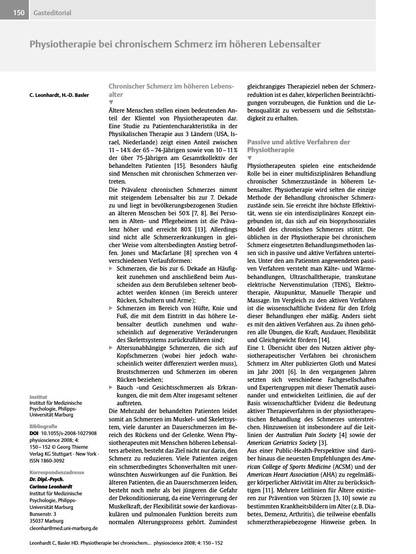 Vorschauseite 1: Physiotherapie bei chronischem Schmerz im höheren Lebensalter
