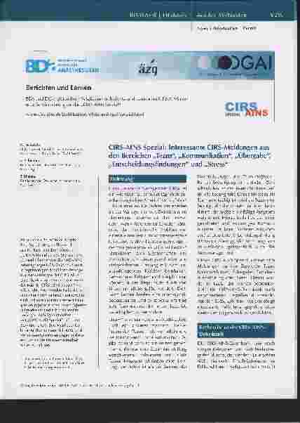 Vorschauseite 1: CIRS-AINS Spezial: Interessante CIRS-Meldungen aus den Bereichen „Team" „Kommunikation" „Übergabe" „Entscheidungsfindungen" und „Stress"