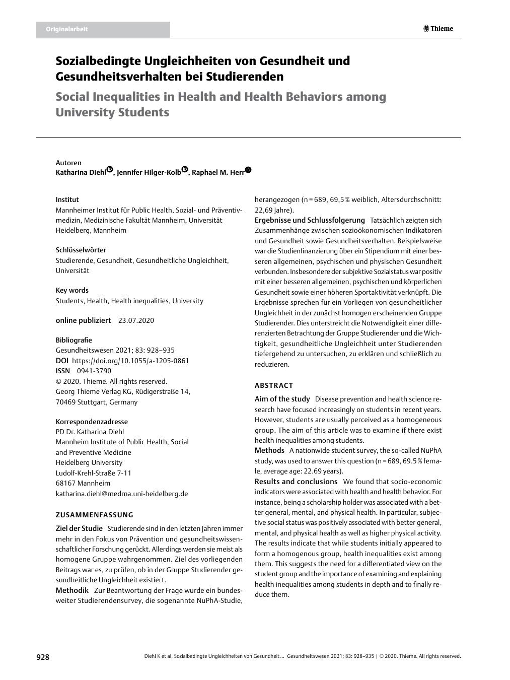 Vorschauseite 1: Sozialbedingte Ungleichheiten von Gesundheit und Gesundheitsverhalten bei Studierenden