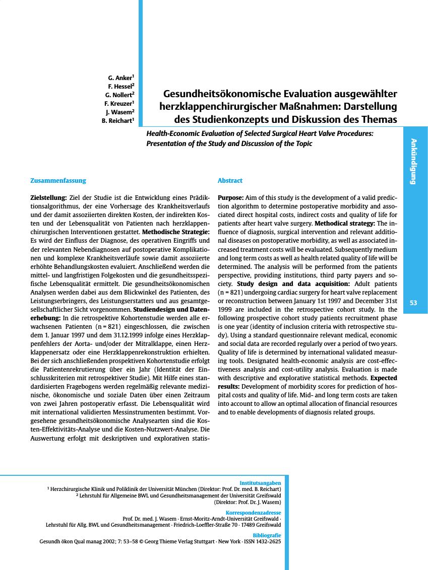 Vorschauseite 1: Gesundheitsökonomische Evaluation ausgewählter herzklappenchirurgischer Maßnahmen: Darstellung des Studienkonzepts und Diskussion des Themas