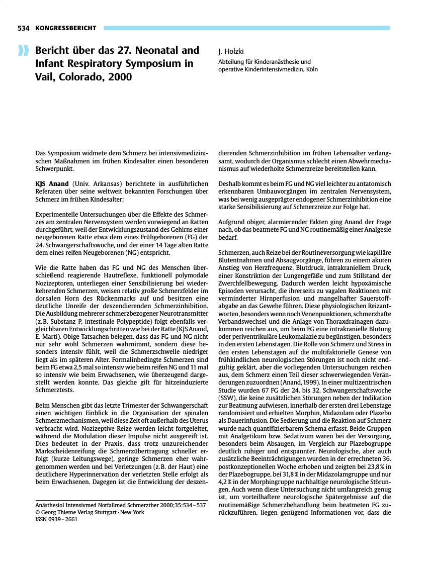 Vorschauseite 1: Bericht über das 27. Neonatal and Infant Respiratory Symposium in Vail, Colorado, 2000