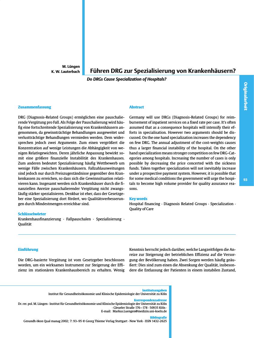 Vorschauseite 1: Führen DRG zur Spezialisierung von Krankenhäusern?