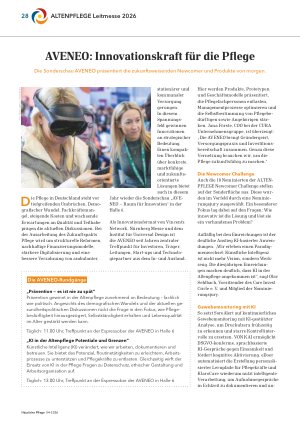 Vorschauseite 1: AVENEO: Innovationskraft für die Pflege Die Sonderschau AVENEO präsentiert die zukunftsweisenden Newcomer und Produkte von morgen.