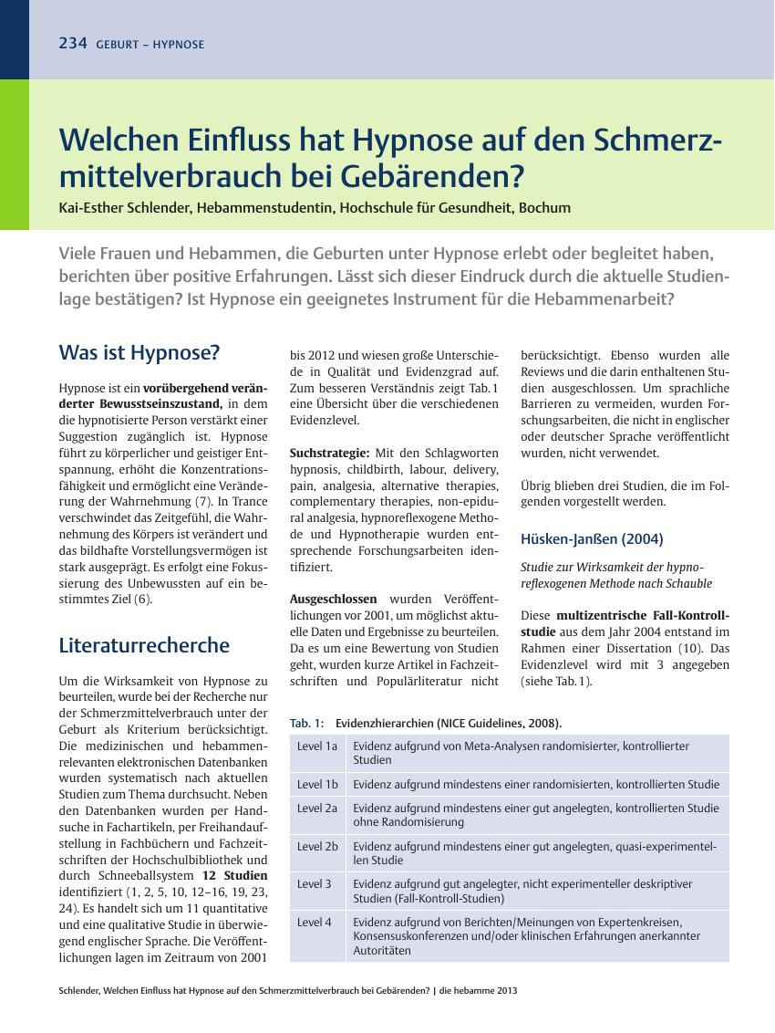 Vorschauseite 1: Welchen Einfluss hat Hypnose auf den Schmerzmittelverbrauch bei Gebärenden?