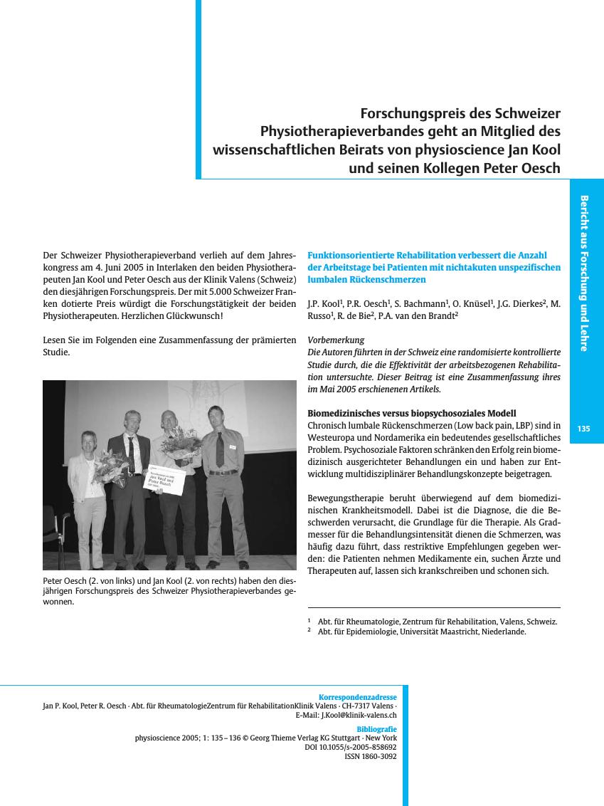 Vorschauseite 1: Forschungspreis des Schweizer Physiotherapieverbandes geht an Mitglied des wissenschaftlichen Beirats von physioscience Jan Kool und seinen Kollegen Peter Oesch