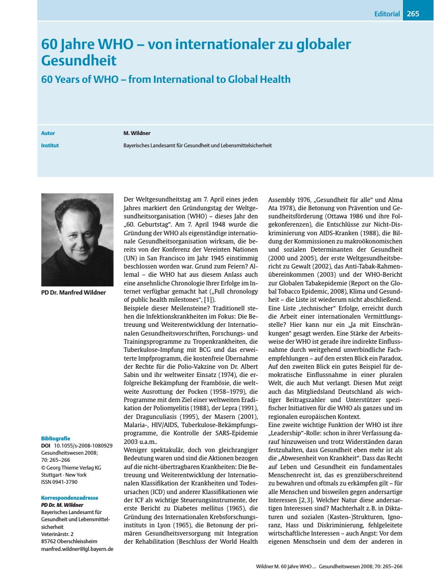 Vorschauseite 1: 60 Jahre WHO – von internationaler zu globaler Gesundheit