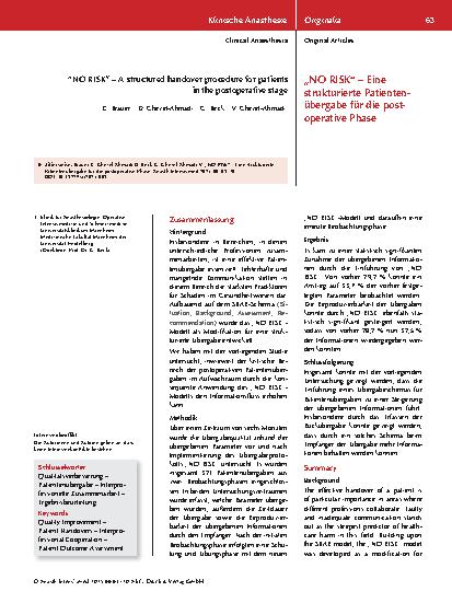 Vorschauseite 1: „NO RISK“ – Eine strukturierte Patientenübergabe für die postoperative Phase