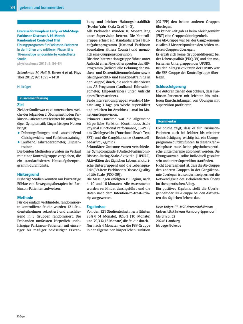 Vorschauseite 1: Exercise for People in Earlyor Mid-Stage Parkinson Disease: A 16-Month Randomized Controlled Trial