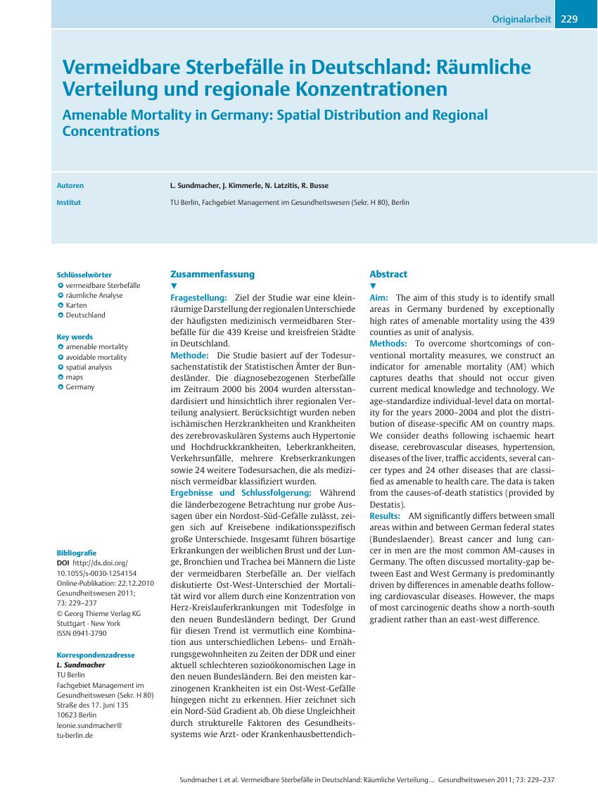 Vorschauseite 1: Vermeidbare Sterbefälle in Deutschland: Räumliche Verteilung und regionale Konzentrationen