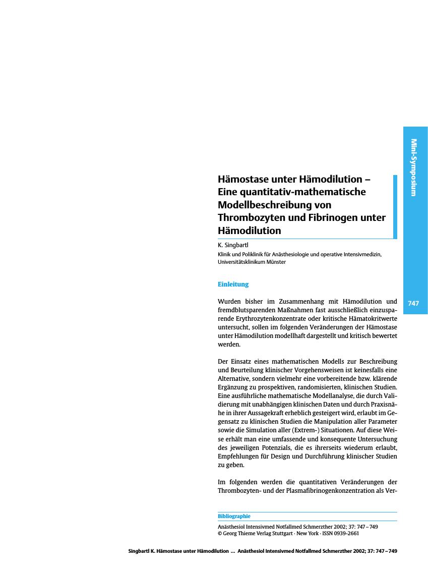 Vorschauseite 1: Hämostase unter Hämodilution - Eine quantitativ-mathematische Modellbeschreibung von Thrombozyten und Fibrinogen unter Hämodilution