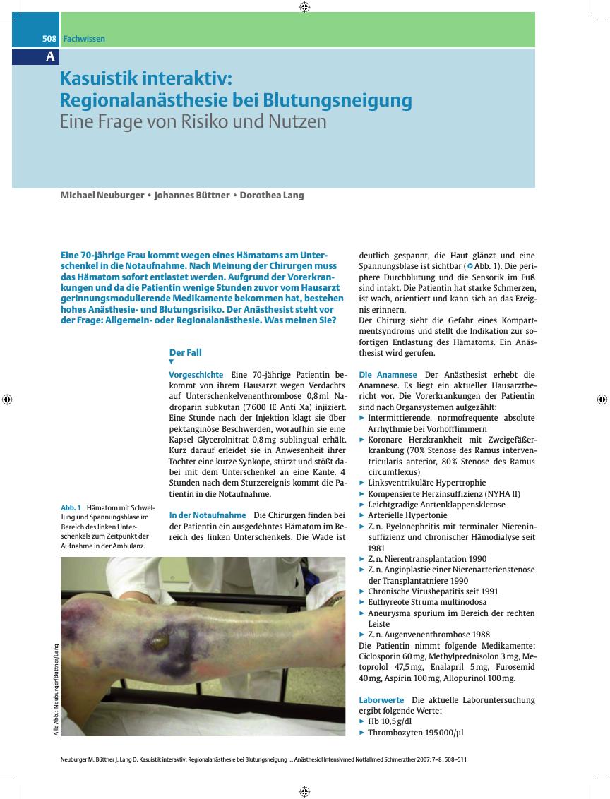 Vorschauseite 1: Kasuistik interaktiv: Regionalanästhesie bei Blutungsneigung - Eine Frage von Risiko und Nutzen