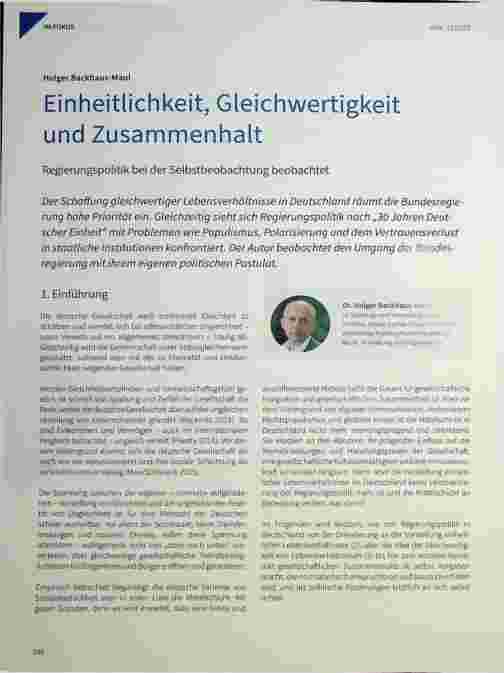 Vorschauseite 1: Einheitlichkeit, Gleichwertigkeit und Zusammenhalt in der Regierungspolitik bei der Selbstbeobachtung beobachtet.