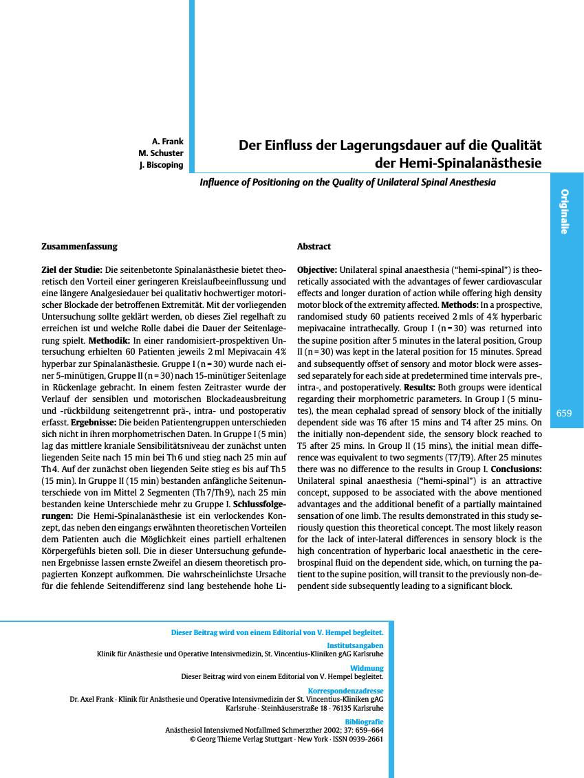 Vorschauseite 1: Der Einfluss der Lagerungsdauer auf die Qualität der Hemi-Spinalanästhesie