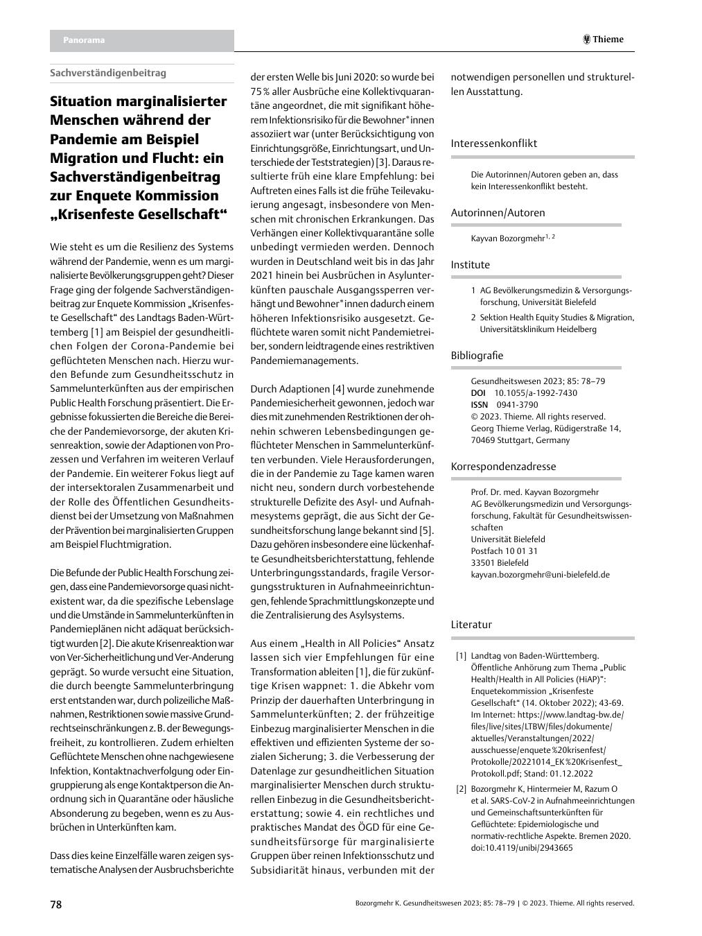 Vorschauseite 1: Situation marginalisierter Menschen während der Pandemie am Beispiel Migration und Flucht: ein Sachverständigenbeitrag zur Enquete-Kommission „Krisenfeste Gesellschaft“