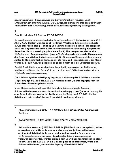 Vorschauseite 2: Mehrstufige Auswahlverfahren: Anspruch des schwerbehinderten Bewerbers auf ein Vorstellungsgespräch vor dem Gemeinderat/Kreistag?