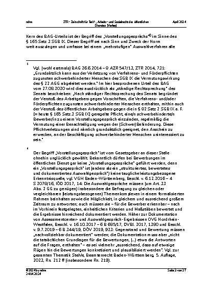 Vorschauseite 3: Mehrstufige Auswahlverfahren: Anspruch des schwerbehinderten Bewerbers auf ein Vorstellungsgespräch vor dem Gemeinderat/Kreistag?