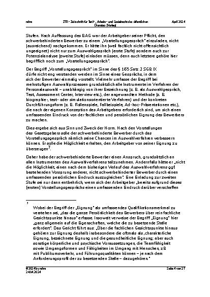 Vorschauseite 4: Mehrstufige Auswahlverfahren: Anspruch des schwerbehinderten Bewerbers auf ein Vorstellungsgespräch vor dem Gemeinderat/Kreistag?