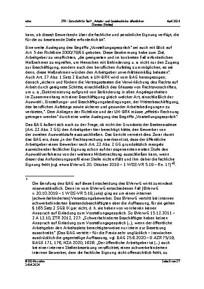 Vorschauseite 5: Mehrstufige Auswahlverfahren: Anspruch des schwerbehinderten Bewerbers auf ein Vorstellungsgespräch vor dem Gemeinderat/Kreistag?