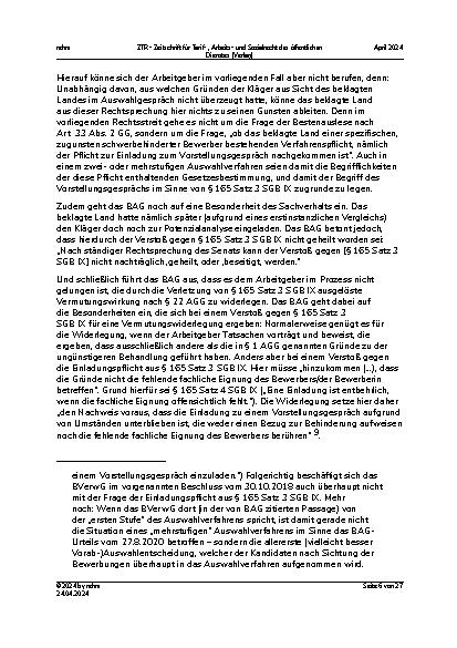 Vorschauseite 6: Mehrstufige Auswahlverfahren: Anspruch des schwerbehinderten Bewerbers auf ein Vorstellungsgespräch vor dem Gemeinderat/Kreistag?