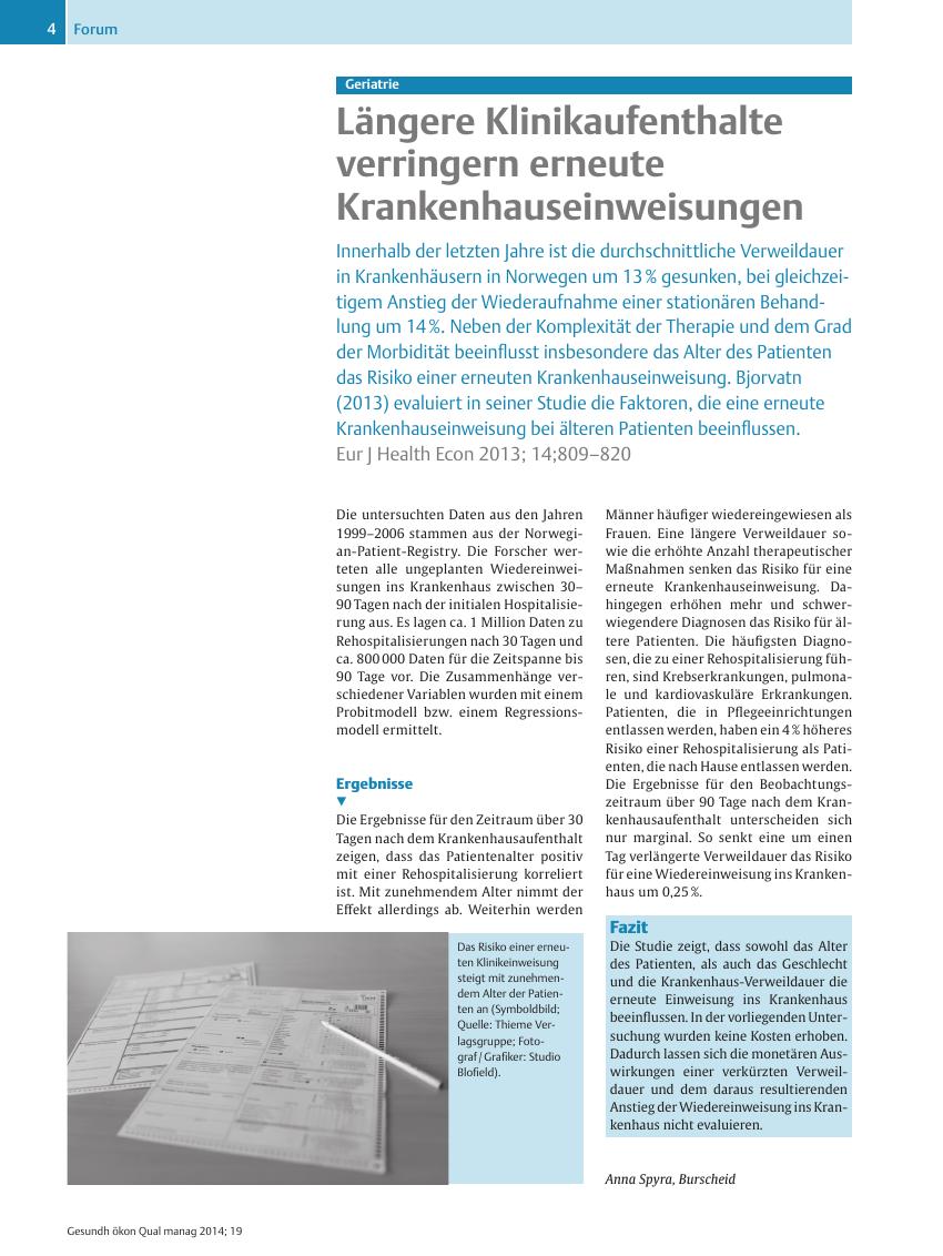 Vorschauseite 1: Geriatrie – Längere Klinikaufenthalte verringern erneute Krankenhauseinweisungen