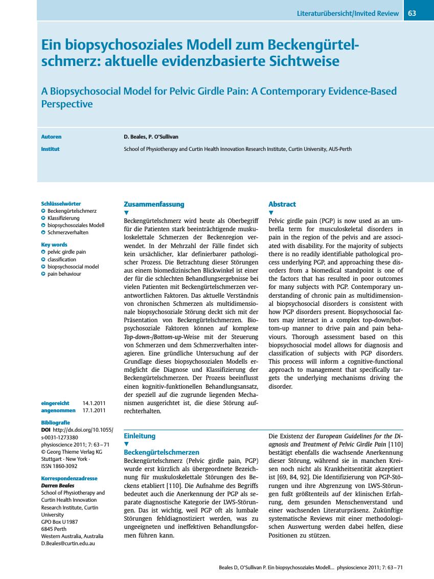 Vorschauseite 1: Ein biopsychosoziales Modell zum Beckengürtelschmerz: aktuelle evidenzbasierte Sichtweise