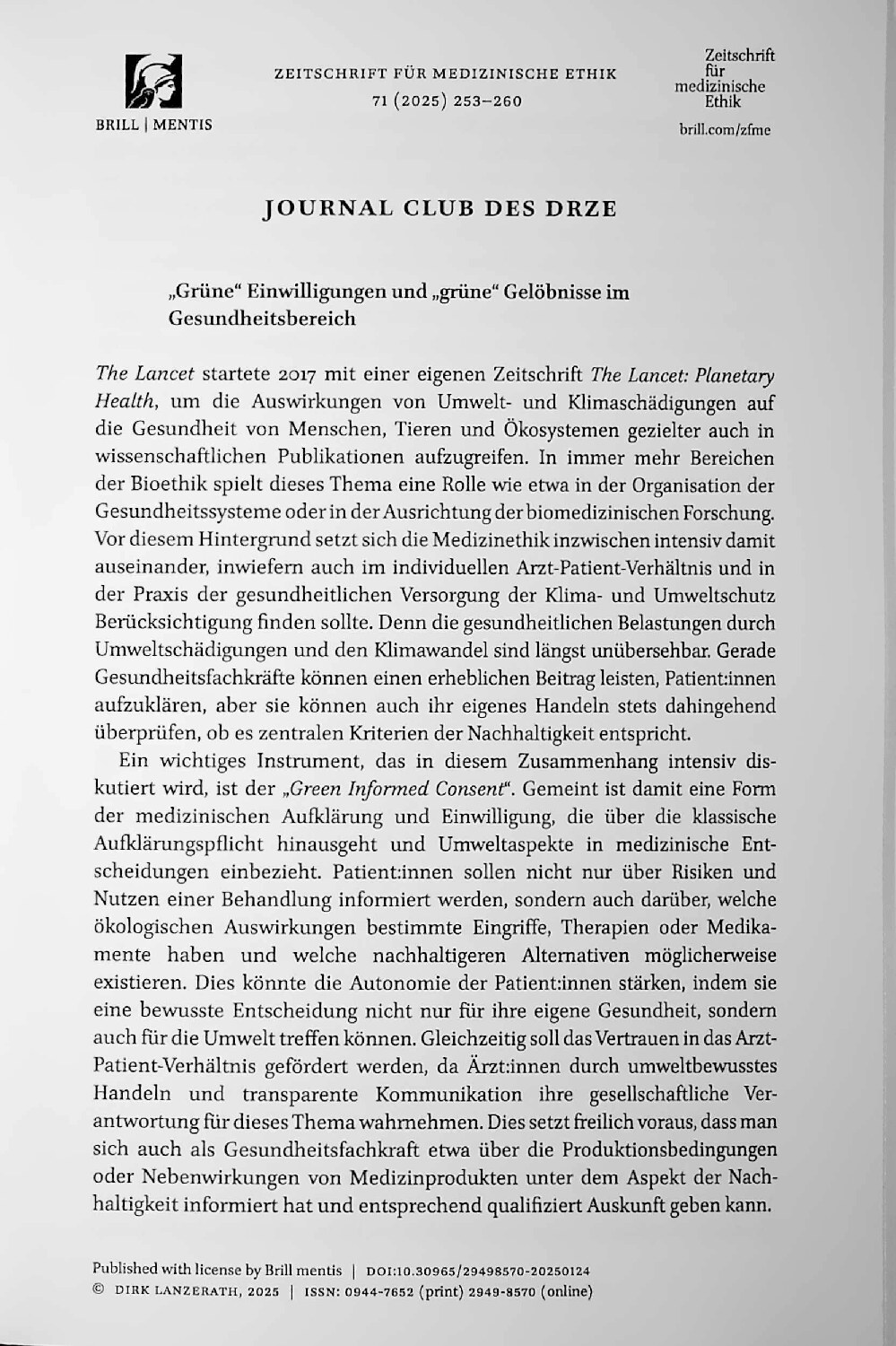 Vorschauseite 1: Journal Club des DRZE: „Grüne“ Einwilligungen und „grüne“ Gelöbnisse im Gesundheitsbereich