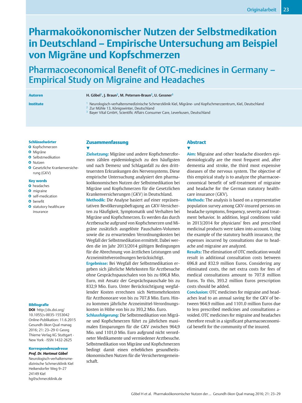 Vorschauseite 1: Pharmakoökonomischer Nutzen der Selbstmedikation in Deutschland – Empirische Untersuchung am Beispiel von Migräne und Kopfschmerzen