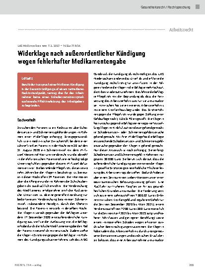 Vorschauseite 1: Widerklage nach außerordentlicher Kündigung wegen fehlerhafter Medikamentengabe