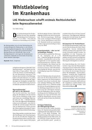 Vorschauseite 1: Whistleblowing im Krankenhaus LAG Niedersachsen schafft erstmals Rechtssicherheit beim Repressalienverbot