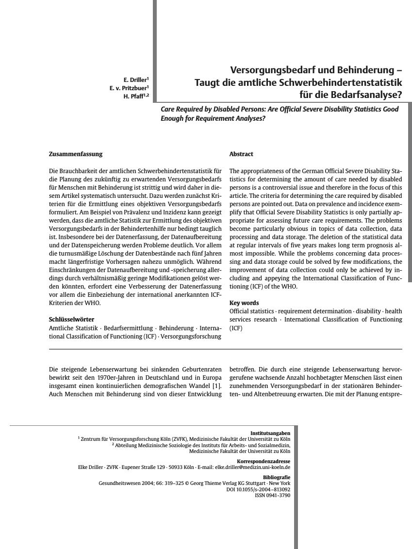 Vorschauseite 1: Versorgungsbedarf und Behinderung - Taugt die amtliche Schwerbehindertenstatistik für die Bedarfsanalyse?