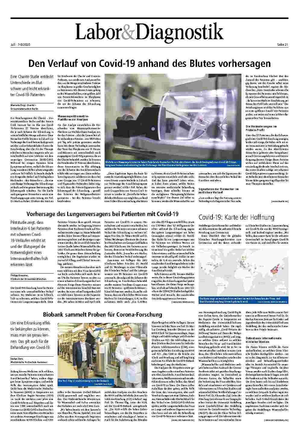 Vorschauseite 1: Labor & Diagnostik: Den Verlauf von Covid-19 anhand des Blutes vorhersagen