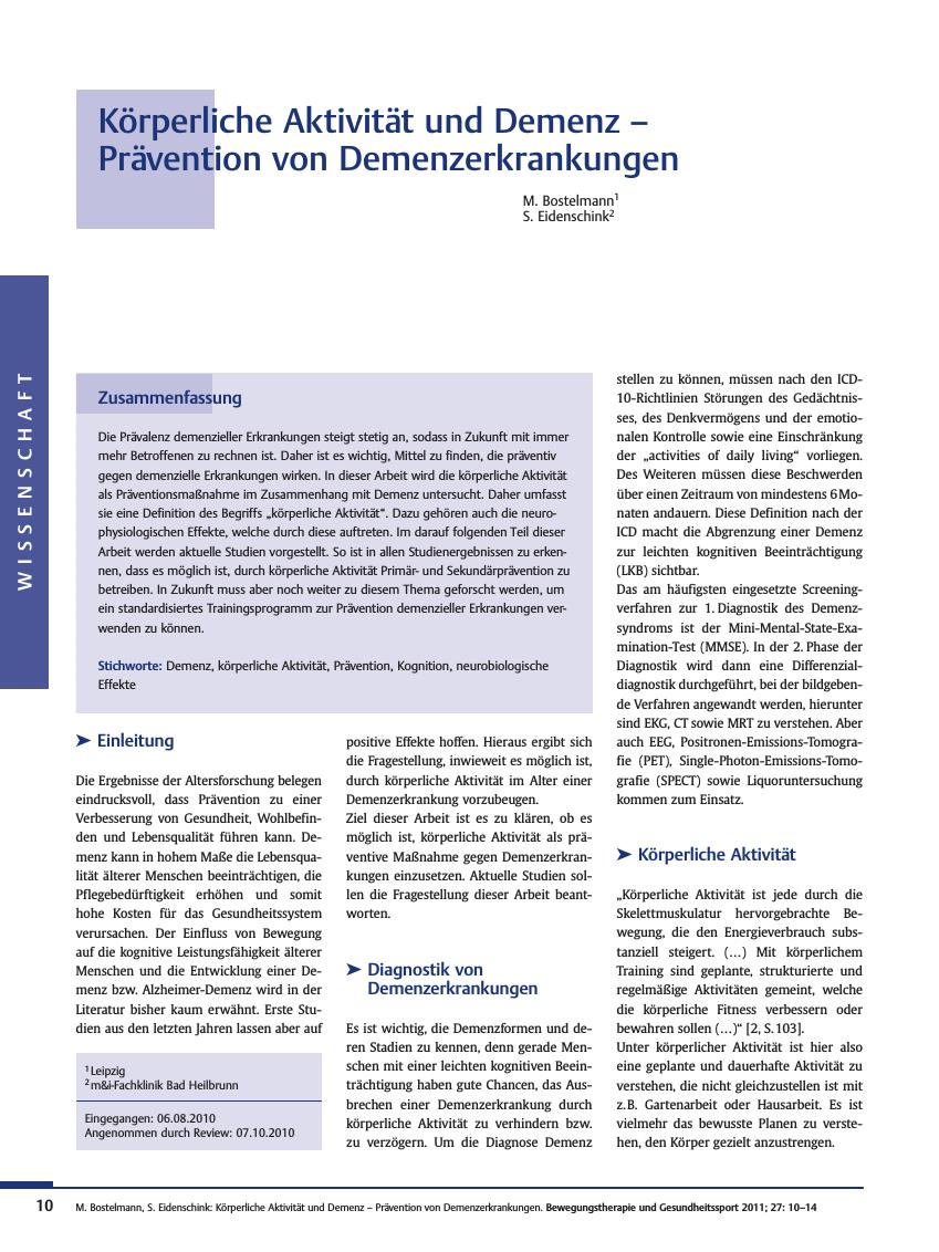 Vorschauseite 1: Körperliche Aktivität und Demenz – Prävention von Demenzerkrankungen
