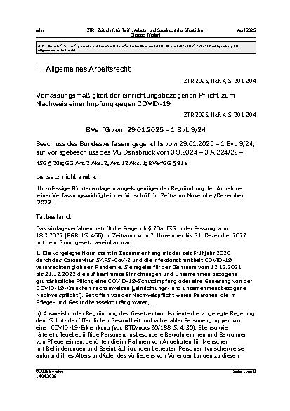 Vorschauseite 1: II. Allgemeines Arbeitsrecht Verfassungsmäßigkeit der einrichtungsbezogenen Pflicht zum Nachweis einer Impfung gegen COVID-19