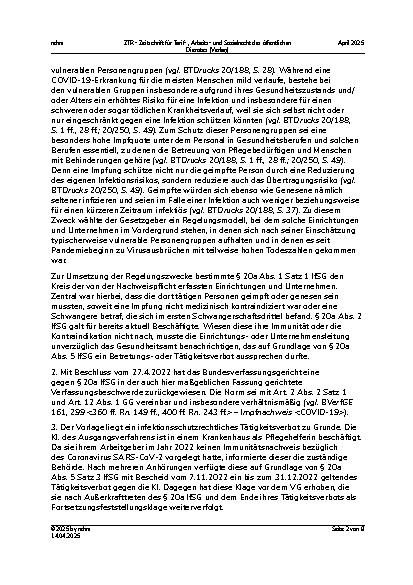 Vorschauseite 2: II. Allgemeines Arbeitsrecht Verfassungsmäßigkeit der einrichtungsbezogenen Pflicht zum Nachweis einer Impfung gegen COVID-19