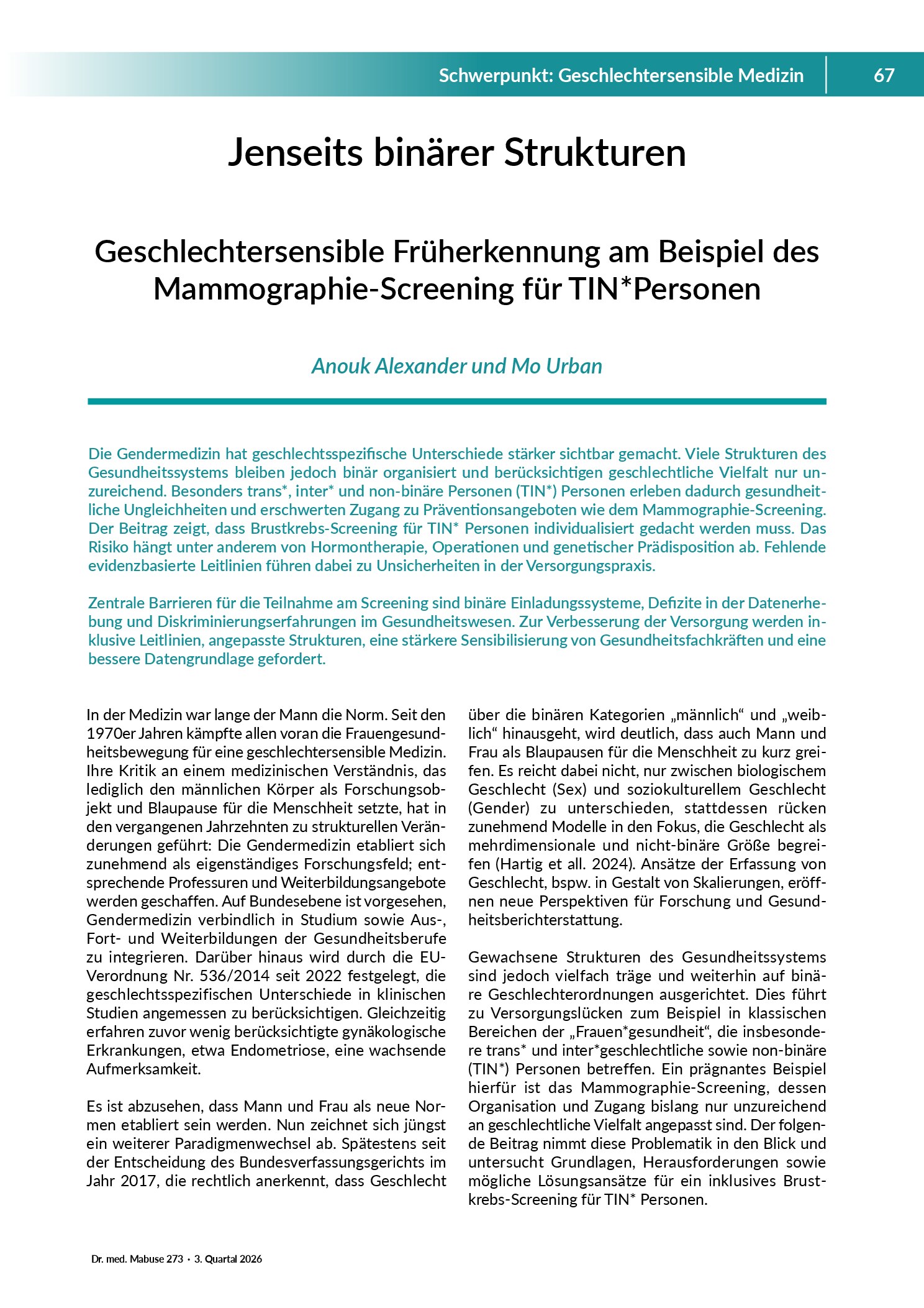 Vorschau: Jenseits binärer Strukturen: Geschlechtersensible Früherkennung am Beispiel des Mammographie-Screenings für TIN*Personen