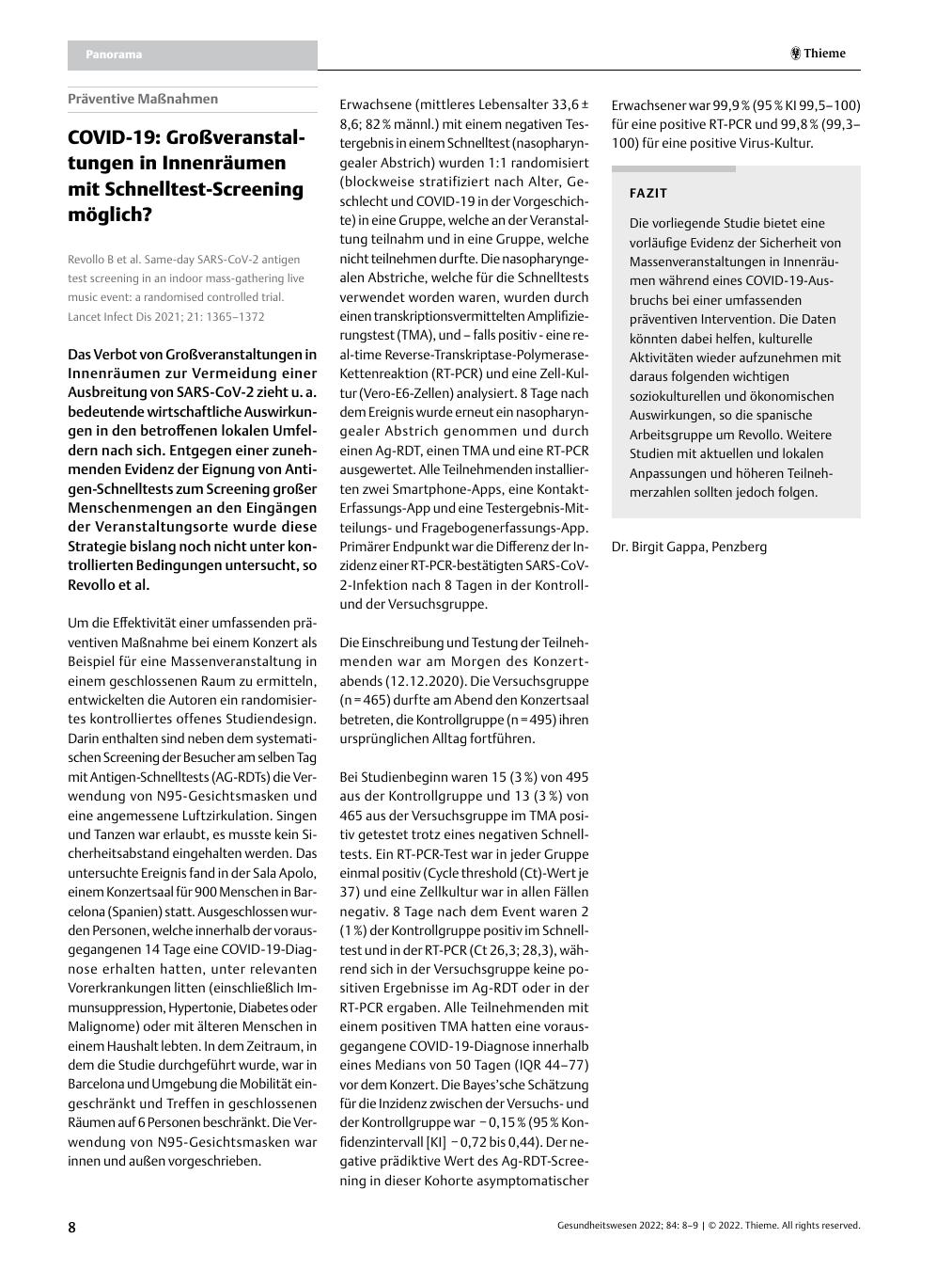 Vorschauseite 1: COVID-19: Großveranstaltungen in Innenräumen mit Schnelltest-Screening möglich?